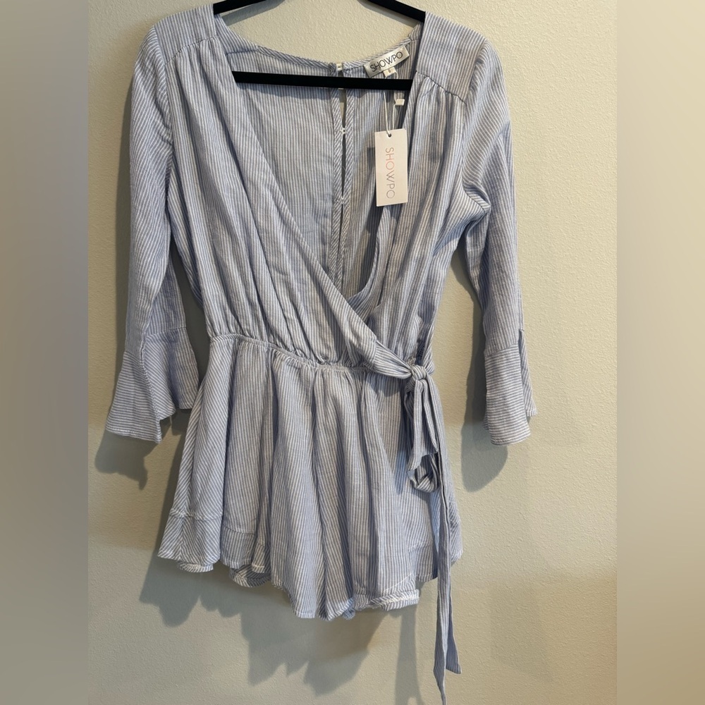 Showpo. Light Blue Striped Wrap Romper NWT